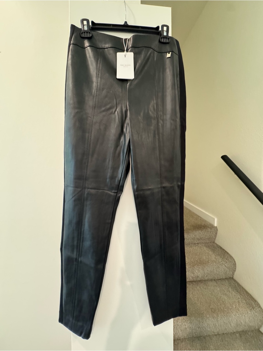 NWT Ted Baker Women's Black Tuxedo Stripe Faux Leather Ankle Length Slim Pants